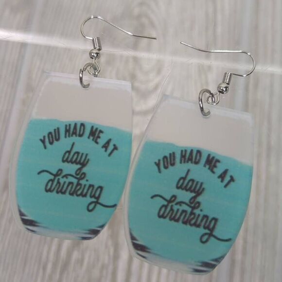 You Had Me At Day Drinking Womens Wire Earrings Turquoise Blue Black Writing - Picture 3 of 4